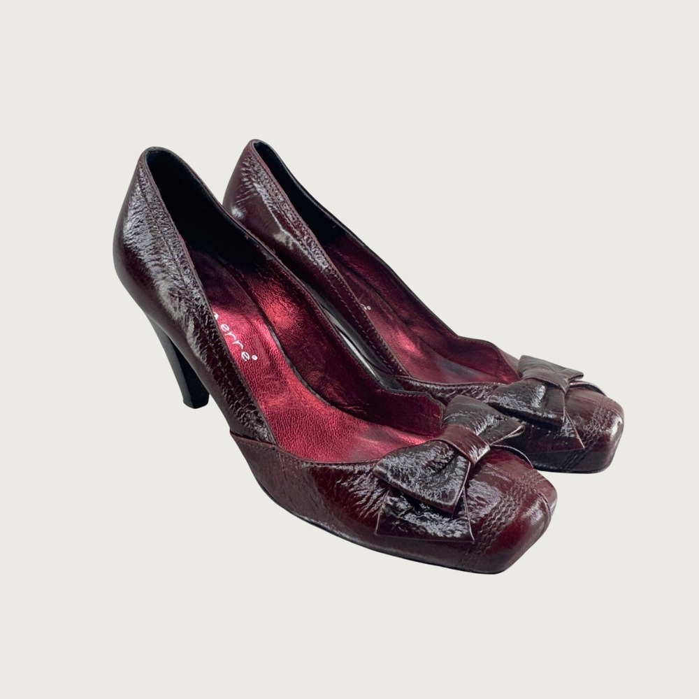 Martina Erre Pumps Size 37 6.5 Burgundy Red Leather Bow Square Toe Italian Heels